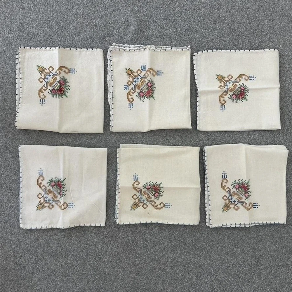 Vintage Embroidered Linen Napkins Set Floral Cross‎ Stitch Trim 12